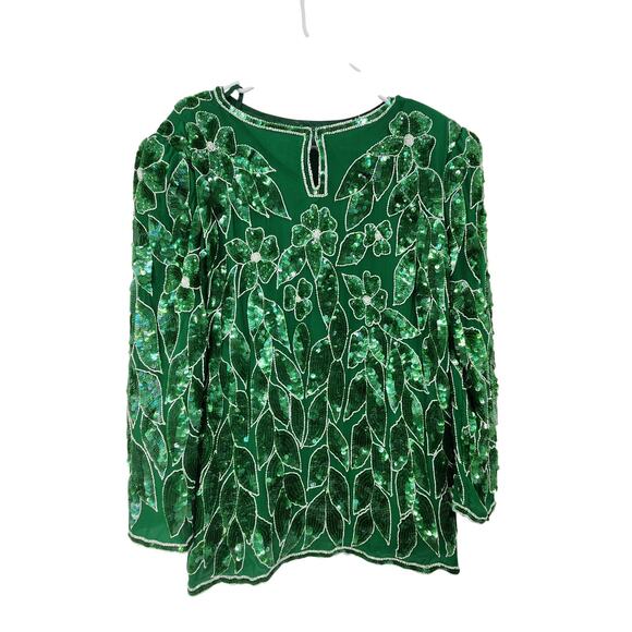 VINTAGE ANUJAN XL SILK ALL OVER BEADED FLORAL LEAF LONG SLEEVE BLOUSE - Picture 5 of 7